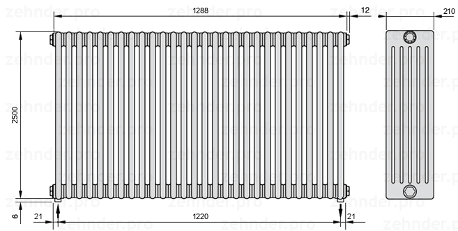 Схема (чертеж) Радиатор Zehnder Charleston 6250/28 №5310 Белый глянцевый RAL 9016